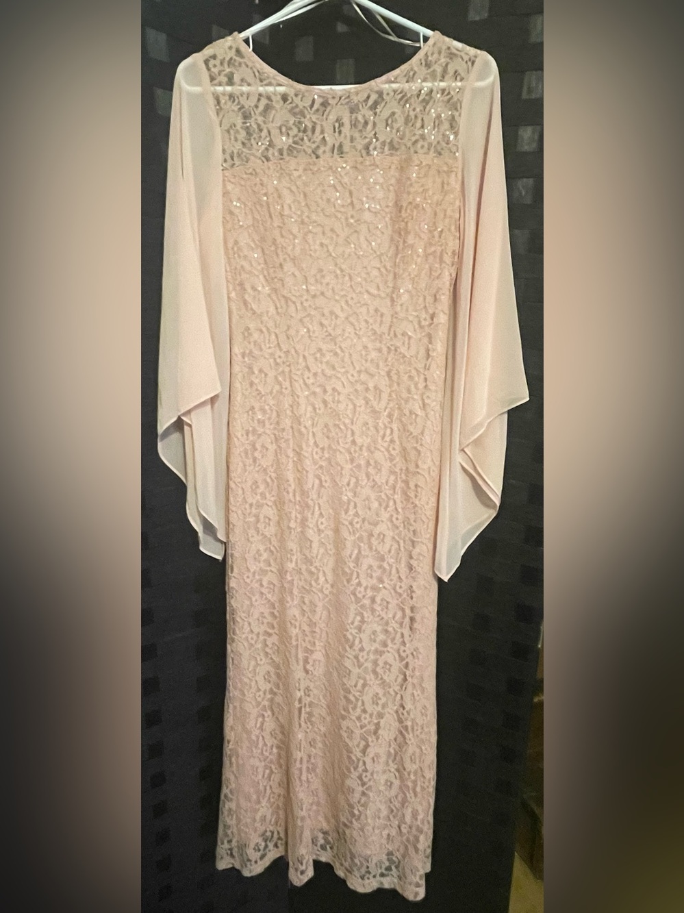 SLNY Women's Lace Sequined Long Dress Size 8P Soft Pink Sparkly Statement